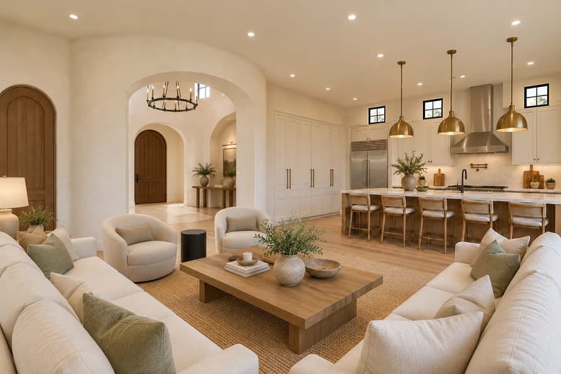 Rendering: Great room and kitchen